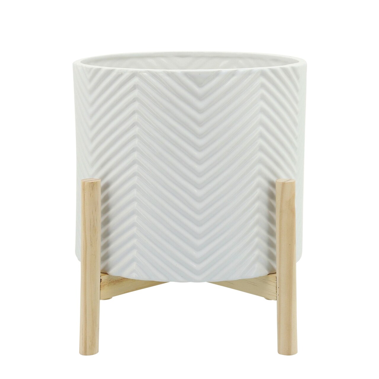 Kingston Living Chevron Ceramic Outdoor Planter with Stand - 12" - White and Beige